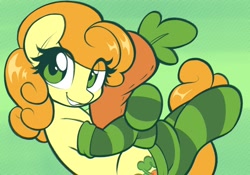 Size: 2388x1668 | Tagged: safe, artist:moozua, carrot top, golden harvest, earth pony, pony, g4, carrot, carrot plushie, clothes, cuddling, eye clipping through hair, female, food, hug, mare, smiling, socks, solo, striped socks