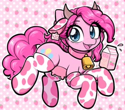 Size: 2048x1793 | Tagged: safe, artist:moozua, pinkie pie, cow, cow pony, pony, g4, bell, bell collar, blushing, clothes, collar, cowbell, cowified, cowprint, ear tufts, eye clipping through hair, female, looking at you, milk, milk carton, open mouth, open smile, pincow pie, smiling, socks, solo, species swap, strawberry milk, udder