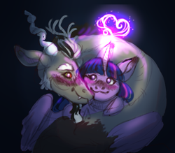 Size: 2403x2109 | Tagged: safe, artist:pinekelpiano, discord, twilight sparkle, alicorn, draconequus, pony, g4, :3, blushing, coils, duo, duo male and female, eyebrows, eyebrows visible through hair, female, glowing, glowing horn, heart, high res, horn, hug, looking at each other, looking at someone, magic, magic aura, male, mare, ship:discolight, shipping, smiling, smiling at each other, straight, twilight sparkle (alicorn)
