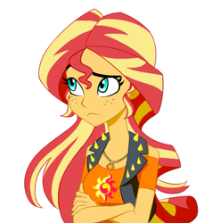 Size: 655x715 | Tagged: safe, artist:ignoto_delta, sunset shimmer, human, equestria girls, equestria girls series, g4, crossed arms, female, freckles, geode of empathy, magical geodes, peppered bacon, simple background, solo, white background