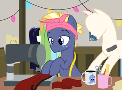Size: 3025x2254 | Tagged: safe, artist:badumsquish, derpibooru exclusive, princess luna, star tracker, alicorn, earth pony, pony, g4, clothes, coffee, cup, desk, drawing, dress, duct tape, fabric, fairy lights, female, freckles, grin, headband, high res, hoof hold, male, mannequin, mare, measuring tape, mug, pencil, ruler, s1 luna, scissors, sewing, sewing machine, show accurate, smiling, solo, stallion, starcrossed, tape, this will end in crossdressing