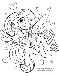 Size: 501x648 | Tagged: safe, artist:marybellamy, fluttershy, rainbow dash, pegasus, pony, g4, black and white, cheek to cheek, duo, female, floating heart, grayscale, heart, hug, lesbian, lineart, looking at each other, looking at someone, monochrome, one eye closed, one eye open, ship:flutterdash, shipping, simple background, smiling, spread wings, watermark, white background, wings