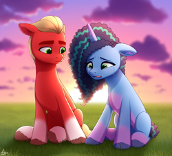 Size: 1100x1000 | Tagged: safe, artist:luminousdazzle, misty brightdawn, sprout cloverleaf, earth pony, pony, unicorn, g5, cloud, comforting, crying, curly hair, duo, female, freckles, gradient hooves, grass, grass field, green eyes, looking down, male, mare, multicolored mane, sitting, stallion, sunset, unshorn fetlocks
