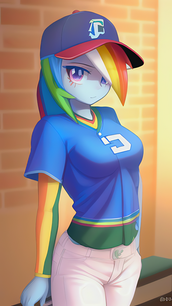 3063324 - safe, ai assisted, ai content, editor:sammykun, generator:novelai,  generator:stable diffusion, rainbow dash, human, equestria girls, baseball,  baseball cap, breasts, brick wall, cap, clothes, denim, detached sleeves,  female, hat, indoors ...