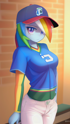 Size: 864x1536 | Tagged: safe, ai assisted, ai content, editor:sammykun, generator:novelai, generator:stable diffusion, rainbow dash, human, equestria girls, g4, baseball, baseball cap, breasts, brick wall, cap, clothes, denim, detached sleeves, female, hat, indoors, jeans, jersey, looking at you, pants, reasonably sized breasts, serious, serious face, shirt, sky, solo, sports, sports outfit