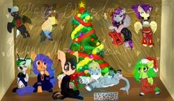 Size: 1280x744 | Tagged: safe, artist:deadsmoke, derpibooru exclusive, oc, earth pony, pegasus, pony, unicorn, bright, chocolate, christmas, christmas tree, clothes, costume, drums, electric guitar, food, glasses, guitar, hat, holiday, musical instrument, new year, present, santa costume, santa hat, sweater, tree