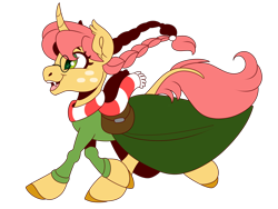 Size: 2000x1500 | Tagged: safe, artist:uunicornicc, oc, oc only, pony, unicorn, bag, braid, braided pigtails, clothes, curved horn, dress, fangs, female, glasses, horn, mare, pigtails, saddle bag, scarf, simple background, solo, striped scarf, transparent background, unicorn oc