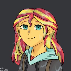 Size: 2048x2048 | Tagged: safe, artist:cola_3107, sunset shimmer, human, equestria girls, g4, clothes, female, gray background, high res, simple background, smiling, solo, wet, wet clothes, wet hair