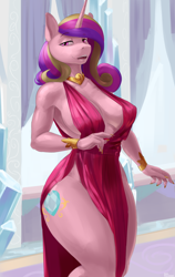 Size: 1756x2772 | Tagged: safe, artist:kelkessel, princess cadance, alicorn, anthro, g4, absolute cleavage, beautiful, beautisexy, big breasts, breasts, busty princess cadance, cleavage, clothes, dress, eyebrows, eyebrows visible through hair, female, jewelry, lidded eyes, looking at you, milf, open mouth, open-chest dress, regalia, sexy, side slit, smiling, solo, stupid sexy princess cadance, total sideslit