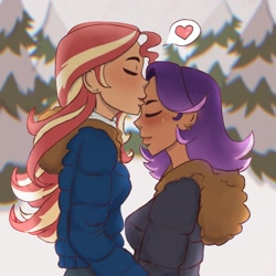 Size: 2048x2048 | Tagged: safe, artist:beeadora, starlight glimmer, sunset shimmer, human, g4, dark skin, duo, female, heart, high res, humanized, kissing, lesbian, ship:shimmerglimmer, shipping, winter