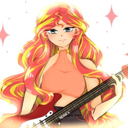 Size: 1280x1280 | Tagged: safe, artist:rosiealovna, sunset shimmer, human, g4, female, guitar, humanized, musical instrument, simple background, solo, white background