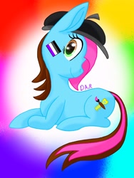 Size: 1620x2160 | Tagged: safe, artist:gracefulart693, oc, oc only, earth pony, pony, abstract background, asexual pride flag, beret, earth pony oc, eyelashes, female, gradient background, hat, lying down, mare, pride, pride flag, prone, smiling, solo