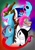 Size: 1448x2045 | Tagged: safe, artist:gracefulart693, oc, oc only, bat pony, draconequus, earth pony, pony, timber wolf, abstract background, bat pony oc, black sclera, bust, clown, draconequus oc, earth pony oc, female, grin, mare, multeity, pac-man eyes, smiling, species swap, timber wolfified