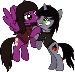 Size: 1469x1410 | Tagged: safe, artist:lightningbolt, derpibooru exclusive, pegasus, pony, unicorn, g4, .svg available, bipedal, bipedal leaning, blushing, clothes, disguise, disguised siren, duo, duo male, flying, grin, happy, horn, hug, kellin quinn, kissing, leaning, male, nose piercing, pierce the veil, piercing, ponified, shirt, show accurate, simple background, sleeping with sirens, slit pupils, smiling, spread wings, stallion, svg, t-shirt, tongue out, transparent background, vector, vic fuentes, wings