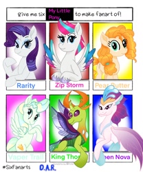 Size: 1002x1202 | Tagged: safe, artist:gracefulart693, pear butter, queen novo, rarity, thorax, vapor trail, zipp storm, changedling, changeling, earth pony, pegasus, pony, seapony (g4), unicorn, g4, g5, my little pony: the movie, bust, collar, crown, female, fin wings, fins, jewelry, king thorax, male, mare, regalia, six fanarts, spread wings, wings