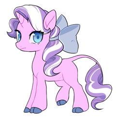 Size: 1024x1024 | Tagged: safe, artist:lawillowsea, diamond tiara, classical unicorn, pony, unicorn, g4, alternate universe, bow, cloven hooves, female, filly, foal, hair bow, horn, leonine tail, looking at you, race swap, simple background, solo, tail, unshorn fetlocks, white background