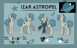 Size: 2100x1300 | Tagged: safe, artist:chaoticcr0w, oc, oc only, oc:izar astropel, pony, unicorn, clothes, cutie mark, hoodie, horn, magic, male, male symbol, reference sheet, stallion, unicorn oc