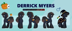 Size: 2048x878 | Tagged: safe, artist:chaoticcr0w, oc, oc only, oc:derrick myers, pony, unicorn, accessory, cape, clothes, cutie mark, hat, horn, magician outfit, male, male symbol, reference sheet, solo, stallion, unicorn oc, witch hat