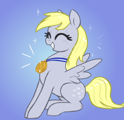 Size: 2640x2555 | Tagged: safe, artist:t72b, derpy hooves, pegasus, pony, g4, award, cute, derpabetes, eyes closed, female, gradient background, grin, happy, high res, mare, medal, pun, sitting, smiling, solo, spread wings, wings