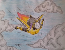 Size: 3678x2833 | Tagged: safe, artist:lamonadedead, rarity, alicorn, anthro, g4, alicornified, armor, armorarity, cloud, determined, flying, high res, jetpack, race swap, raricorn, rocket knight, sky, sky background, speed lines, traditional art