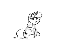 Size: 675x464 | Tagged: safe, artist:zutcha, twilight sparkle, pony, unicorn, g4, black and white, female, grayscale, mare, monochrome, simple background, sitting, sketch, solo, unicorn twilight, white background