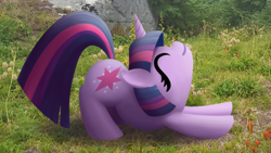Size: 1920x1080 | Tagged: safe, artist:purblehoers, twilight sparkle, pony, unicorn, g4, behaving like a cat, cute, eyes closed, female, flower, grass, irl, mare, photo, ponies in real life, rock, smiling, solo, squishy, stretching, tree, twiabetes, twilight cat, unicorn twilight