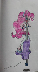Size: 647x1235 | Tagged: safe, artist:goldheart1, pinkie pie, human, equestria girls, g4, bouncing, clothes, female, headband, open mouth, open smile, pogo stick, shadow, skirt, smiling, solo, traditional art