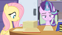Size: 1280x721 | Tagged: safe, artist:agrol, fluttershy, starlight glimmer, g4, book, paperwork, pencil, quill, school of friendship, the element of kindness