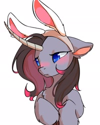 Size: 1638x2048 | Tagged: safe, artist:malt cat, oleander (tfh), classical unicorn, pony, unicorn, them's fightin' herds, awwleander, blushing, bunny ears, cloven hooves, community related, cute, embarrassed, female, horn, leonine tail, looking away, simple background, solo, unshorn fetlocks, white background