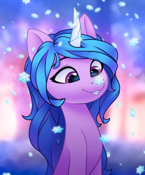 Size: 3234x3900 | Tagged: safe, artist:omnanya, izzy moonbow, pony, unicorn, g5, alternate hairstyle, curved horn, cute, female, high res, horn, izzybetes, mare, smiling, snow, snowfall, snowflake, solo