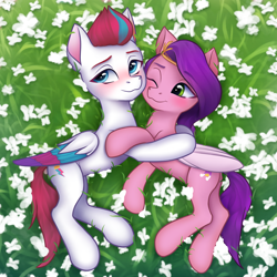 Size: 2750x2750 | Tagged: safe, artist:omnanya, artist:omny_dt, pipp petals, zipp storm, pegasus, pony, g5, adorapipp, adorazipp, blushing, butt, colored wings, cute, duo, duo female, eyebrows, eyebrows visible through hair, female, flower, folded wings, grass, grass field, high res, hug, lying down, mare, multicolored wings, on side, one eye closed, plot, royal sisters (g5), siblings, sisters, smiling, wings
