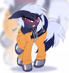 Size: 1937x2048 | Tagged: safe, artist:darkmaxxie, oc, oc only, oc:maxie, bat pony, bat pony oc, bound wings, chained, chains, clothes, cuffed, cuffs, prison outfit, prisoner, shackles, wings, zoom layer