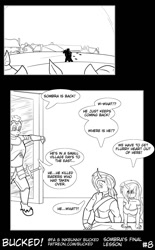 Size: 634x1024 | Tagged: safe, artist:bucked, king sombra, princess cadance, shining armor, alicorn, earth pony, unicorn, anthro, comic:sombra's final lesson, g4, lineart, sword, weapon