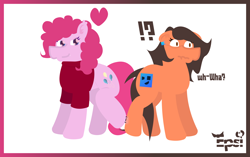 Size: 5408x3390 | Tagged: safe, artist:epsipeppower, part of a set, pinkie pie, oc, oc:robertapuddin, earth pony, pony, comic:roberta the pink gump, g4, character to character, clothes, confused, duo, ear piercing, earring, exclamation point, floating heart, heart, interrobang, jewelry, nudge, outline, piercing, question mark, shirt, transformation, transformation sequence, twinning