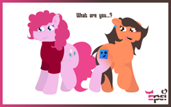 Size: 5408x3391 | Tagged: safe, artist:epsipeppower, part of a set, pinkie pie, oc, oc:robertapuddin, earth pony, pony, comic:roberta the pink gump, g4, character to character, clothes, confused, dialogue, duo, ear piercing, earring, jewelry, outline, piercing, shirt, transformation, transformation sequence, twinning