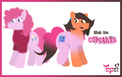 Size: 5408x3390 | Tagged: safe, artist:epsipeppower, part of a set, pinkie pie, oc, oc:robertapuddin, earth pony, pony, comic:roberta the pink gump, g4, censored, censored vulgarity, character to character, clothes, confused, dialogue, duo, ear piercing, earring, jewelry, outline, piercing, shirt, shocked, transformation, transformation sequence, twinning