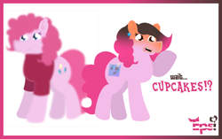 Size: 5408x3390 | Tagged: safe, artist:epsipeppower, part of a set, pinkie pie, oc, oc:robertapuddin, earth pony, pony, comic:roberta the pink gump, g4, character to character, clothes, confused, dialogue, duo, ear piercing, earring, jewelry, outline, piercing, shirt, shocked, transformation, transformation sequence, twinning