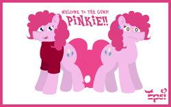 Size: 5408x3390 | Tagged: safe, artist:epsipeppower, part of a set, pinkie pie, oc, oc:robertapuddin, earth pony, pony, comic:roberta the pink gump, g4, character to character, clothes, confused, dialogue, duality, duo, ear piercing, earring, jewelry, outline, piercing, self paradox, self ponidox, shirt, shocked, transformation, transformation sequence, transformed, twinning
