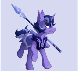 Size: 1169x1068 | Tagged: dead source, safe, artist:star-theft, oc, pony, unicorn, 4chan, armor, blue background, female, guardsmare, horn, mare, night guard, royal guard, simple background, solo, spear, unicorn oc, weapon