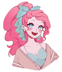 Size: 1900x2200 | Tagged: safe, artist:ddddorii, pinkie pie, human, g4, bow, breasts, bust, cleavage, cute, diapinkes, female, hair bow, humanized, open mouth, open smile, portrait, simple background, smiling, solo, transparent background