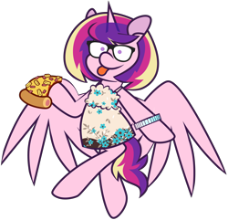 Size: 7205x6952 | Tagged: safe, artist:threetwotwo32232, princess cadance, alicorn, pony, g4, clothes, dress, female, food, glasses, looking at you, mare, mom hair, pizza, simple background, solo, tongue out, transparent background