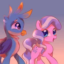 Size: 3000x3000 | Tagged: safe, artist:lanlanlc, diamond tiara, gallus, earth pony, griffon, pony, g4, duo, duo male and female, eyebrows, female, filly, foal, folded wings, gradient background, happy face, high res, male, missing accessory, open mouth, open smile, smiling, sunset, wings