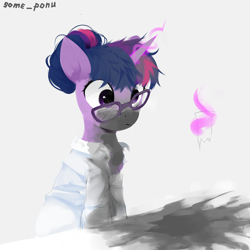 Size: 2000x2000 | Tagged: safe, artist:some_ponu, sci-twi, twilight sparkle, pony, unicorn, g4, accident, clothes, glasses, glowing, glowing horn, high res, horn, lab coat, magic, magic aura, solo, telekinesis