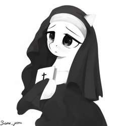 Size: 2765x2831 | Tagged: safe, artist:some_ponu, earth pony, pony, bible, book, christianity, female, habit, high res, lidded eyes, mare, nun, simple background, solo, white background