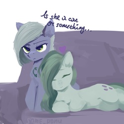 Size: 3000x3000 | Tagged: safe, artist:some_ponu, limestone pie, marble pie, earth pony, pony, g4, :>, behaving like a cat, couch, happy, heart, high res, lying down, simple background, smiling, white background