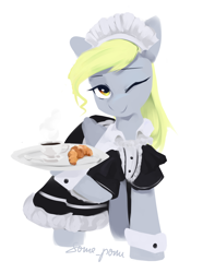 Size: 1346x1709 | Tagged: safe, artist:some_ponu, derpy hooves, pony, g4, alternate hairstyle, bread, chocolate, clothes, croissant, food, hot chocolate, looking at you, maid, one eye closed, serving tray, simple background, smiling, solo, white background, wink
