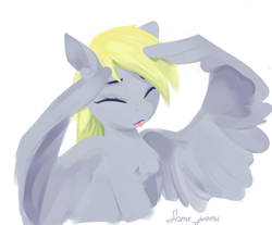 Size: 2241x1858 | Tagged: safe, artist:some_ponu, derpy hooves, pegasus, pony, g4, :p, ah eto bleh, anime reference, chest fluff, eyes closed, meme, parody, simple background, solo, spread wings, tongue out, white background, wings, you're under arrest