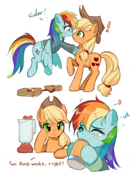 Size: 1130x1456 | Tagged: safe, artist:卯卯七, applejack, rainbow dash, earth pony, pegasus, pony, g4, applejack's hat, blender (object), bomber jacket, cider, clothes, cowboy hat, crying, cute, dashabetes, dialogue, duo, duo female, exclamation point, female, flying, freckles, hat, hoof hold, jackabetes, jacket, lesbian, mare, ship:appledash, shipping, simple background, spread wings, talking, that pony sure does love cider, white background, wings