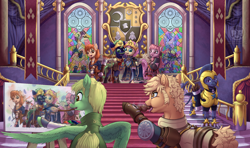 Size: 1920x1134 | Tagged: safe, artist:calena, fluttershy, oc, oc:jesus, alicorn, griffon, pegasus, pony, unicorn, g4, armor, banner, canterlot castle, canvas, clothes, commission, crossover, crossover shipping, crown, cute, eating, emblem, fire emblem, fire emblem: three houses, gold, grin, inception, jewelry, nervous, nervous smile, paintbrush, painting, painting characters, regalia, royal guard, shield, shipping, signature, smiling, stairs, sword, weapon, window