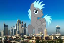 Size: 2048x1365 | Tagged: safe, anonymous editor, artist:chainchomp2 edits, edit, twilight sky, pegasus, pony, g4, background pony, dubai, folded wings, giant pegasus, giant pony, highrise ponies, irl, looking at you, macro, male, mega giant, photo, ponies in real life, raised hoof, smiling, solo, stallion, wings